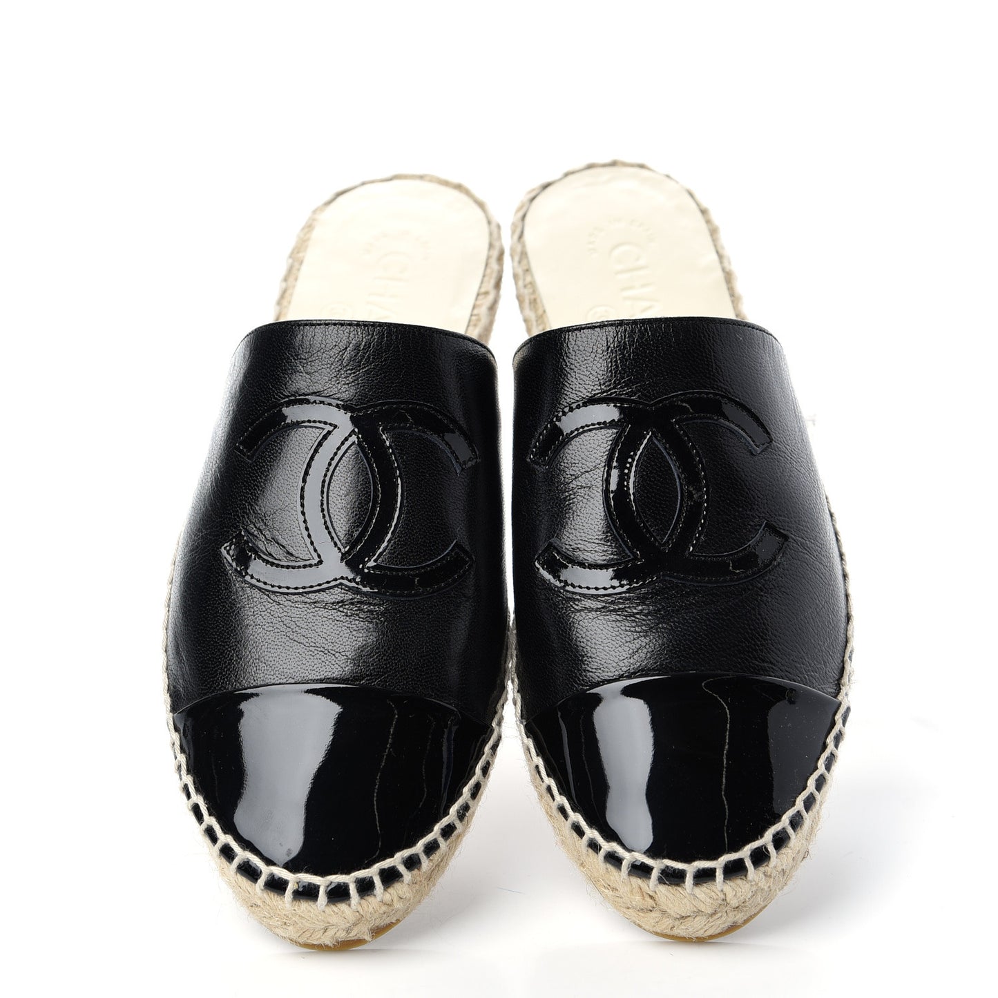 Iridescent Goatskin Patent CC Espadrille Mules 36 Black