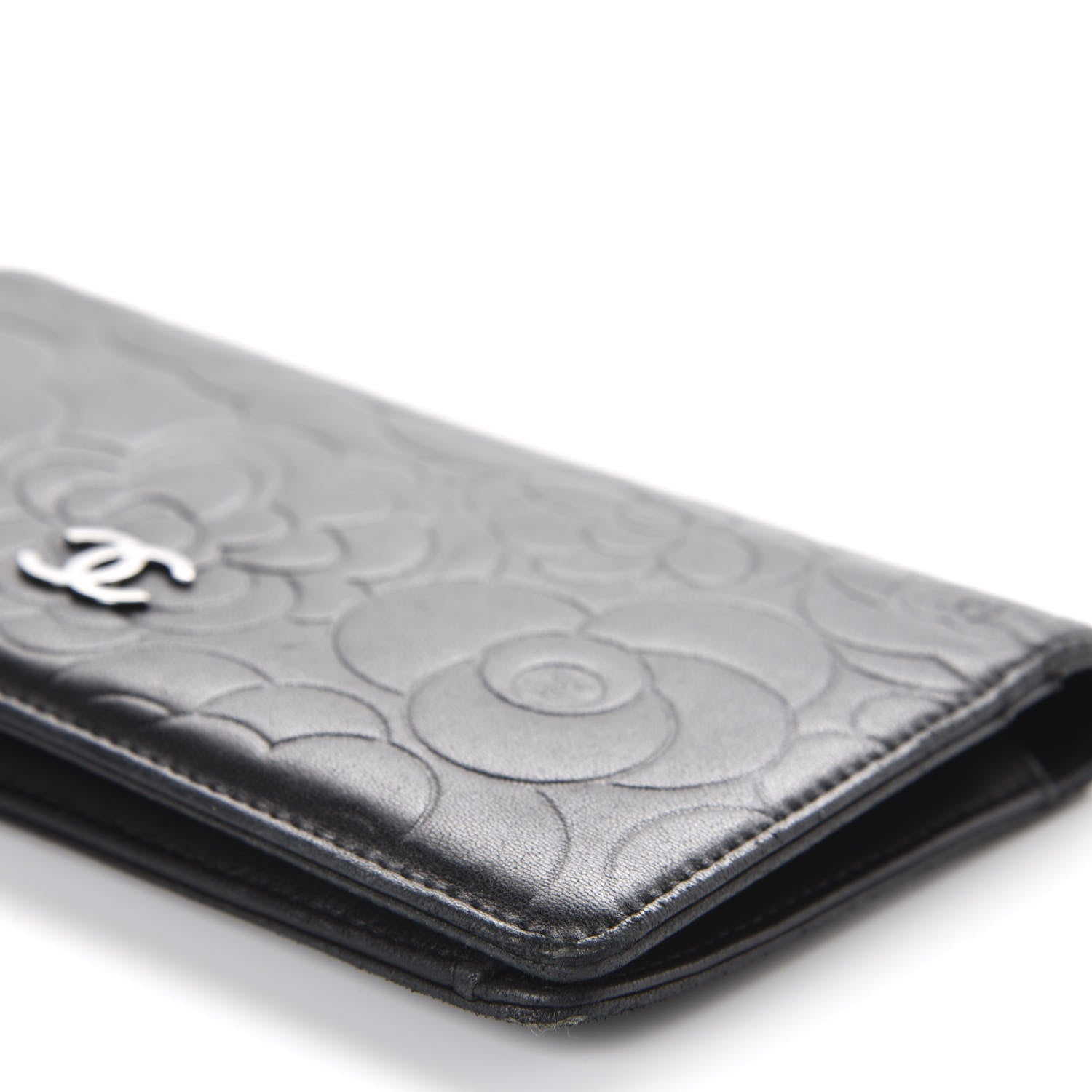 Chanel Lambskin Camellia Embossed Yen Wallet Black 6 of 10