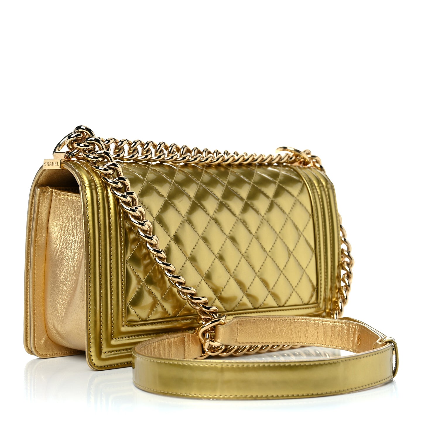 Metallic Patent Calfskin Quilted Medium Boy Flap Gold