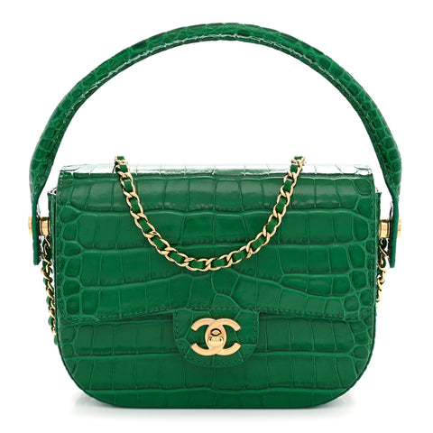 Calfskin Crocodile Embossed Turn Around Mini Flap Emerald
