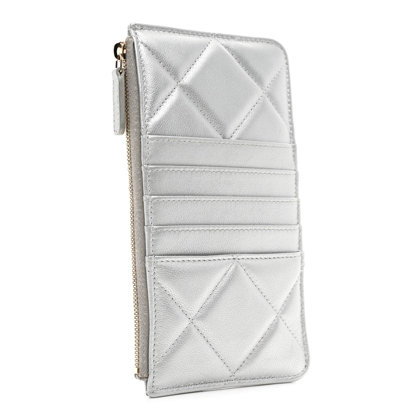 Lambskin Quilted Chanel 19 Phone and Card Holder Silver