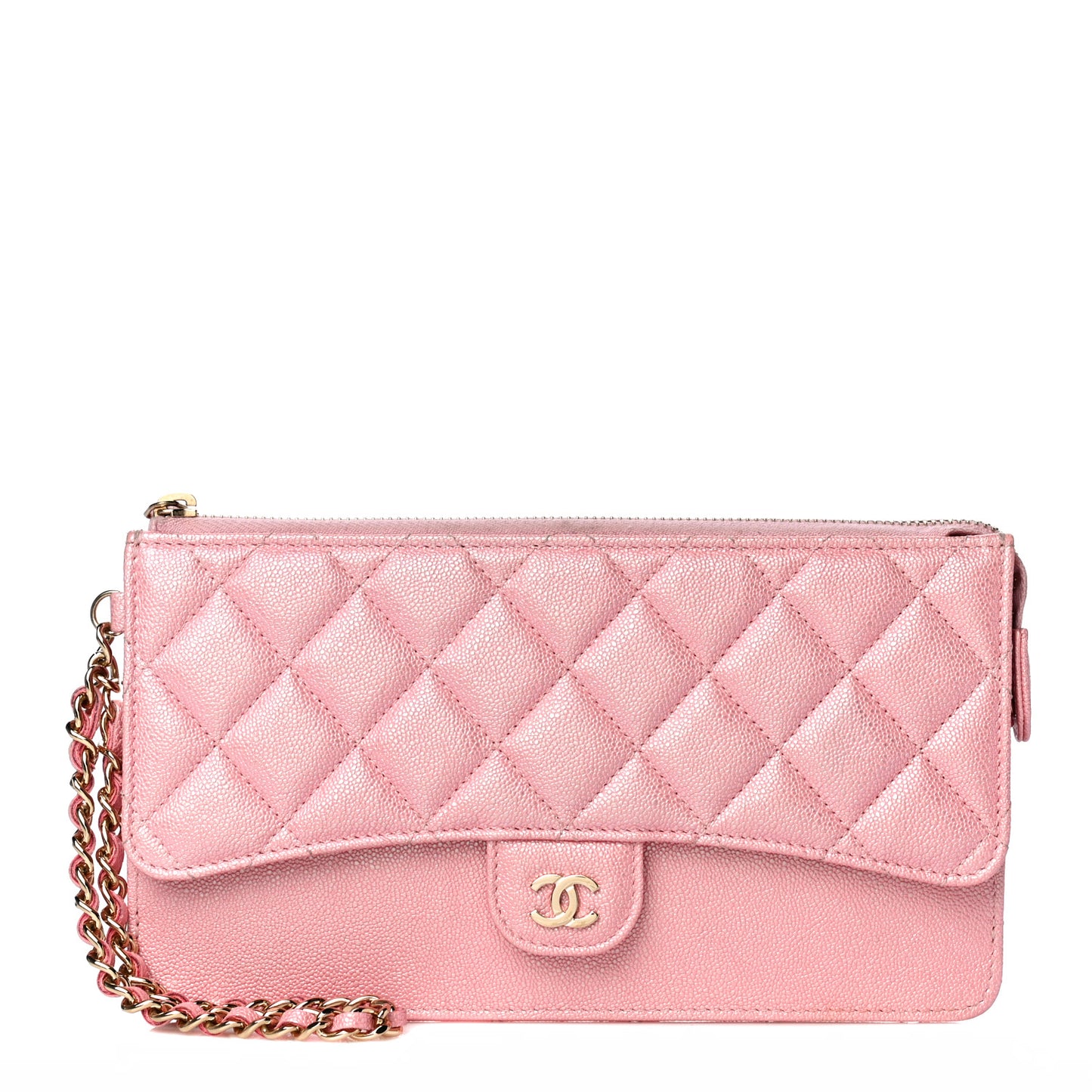 Iridescent Caviar Quilted Classic Pouch With Handle Rose Pink