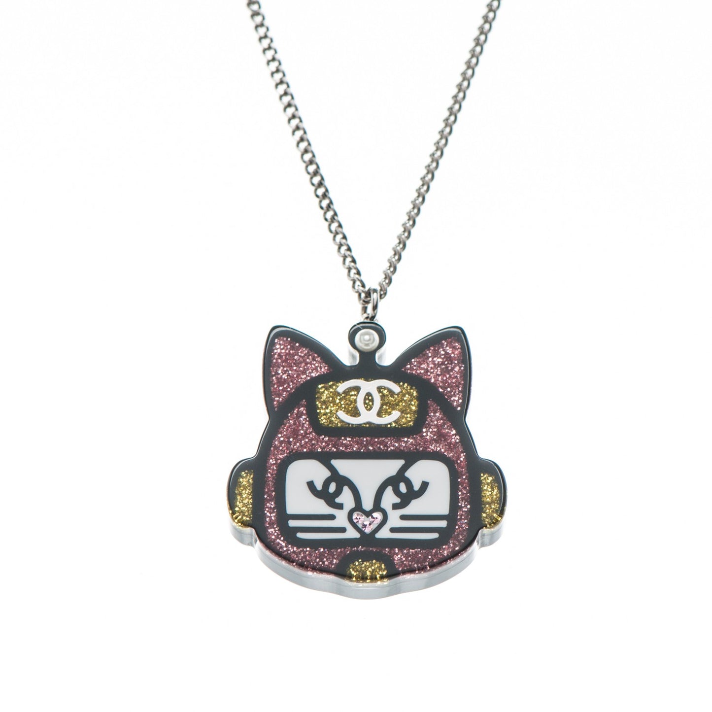 Glitter Crystal Robot Cat Necklace Black PInk