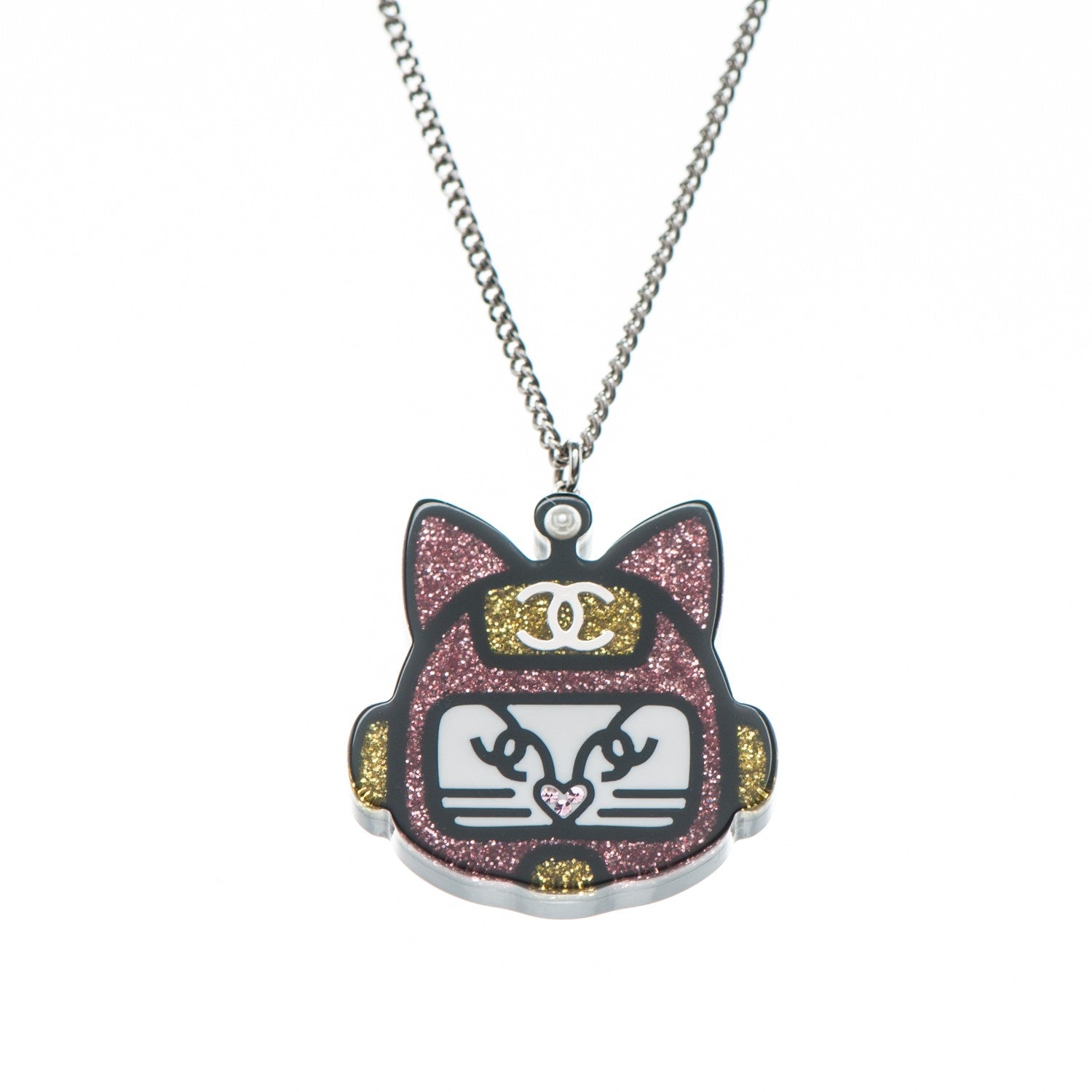 Chanel Glitter Crystal Robot Cat Necklace Black PInk 3 of 6