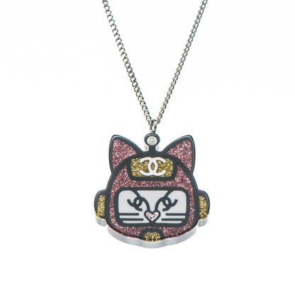 Chanel Glitter Crystal Robot Cat Necklace Black PInk 3 of 6