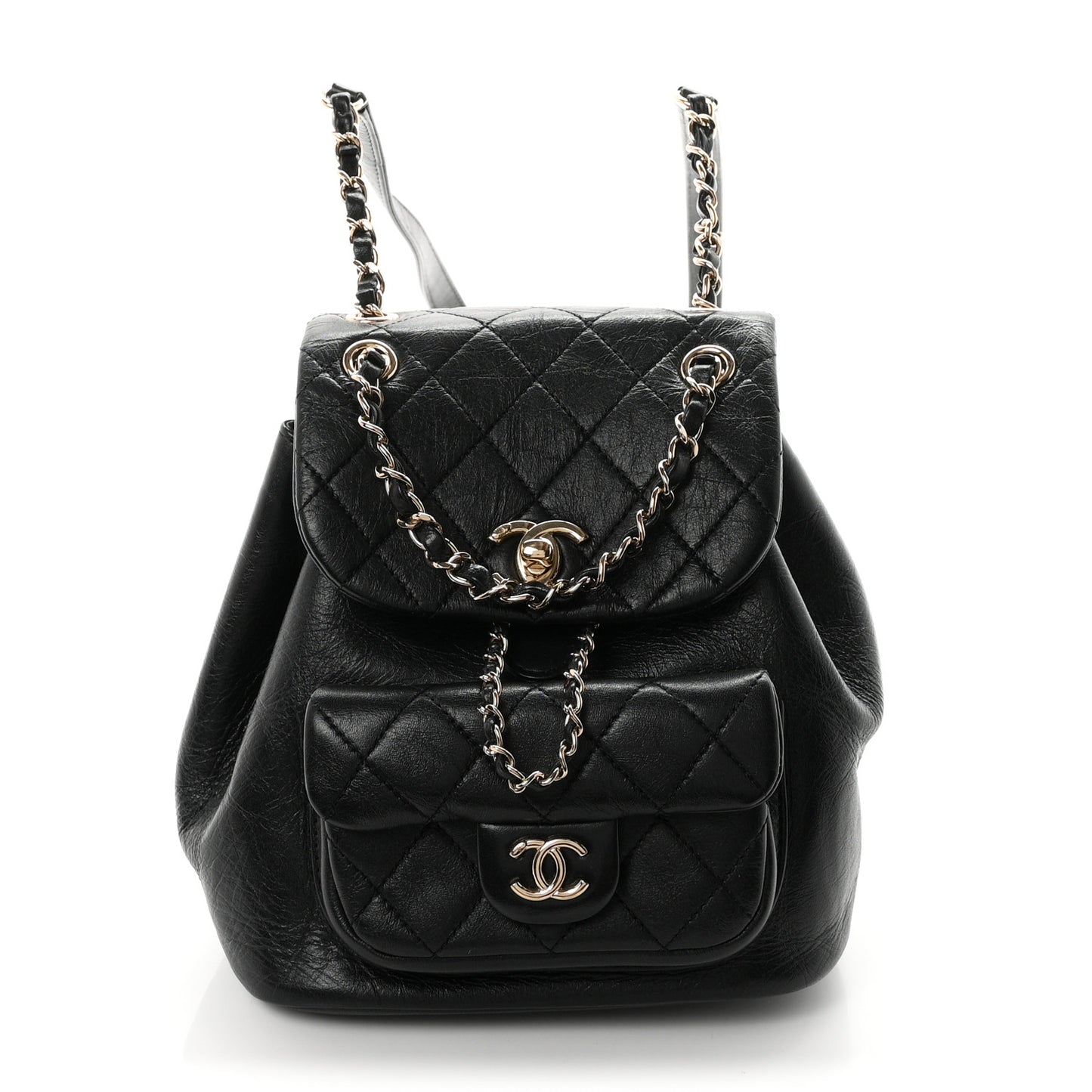 Glazed Aged Calfskin Quilted Small Duma Drawstring Backpack Black