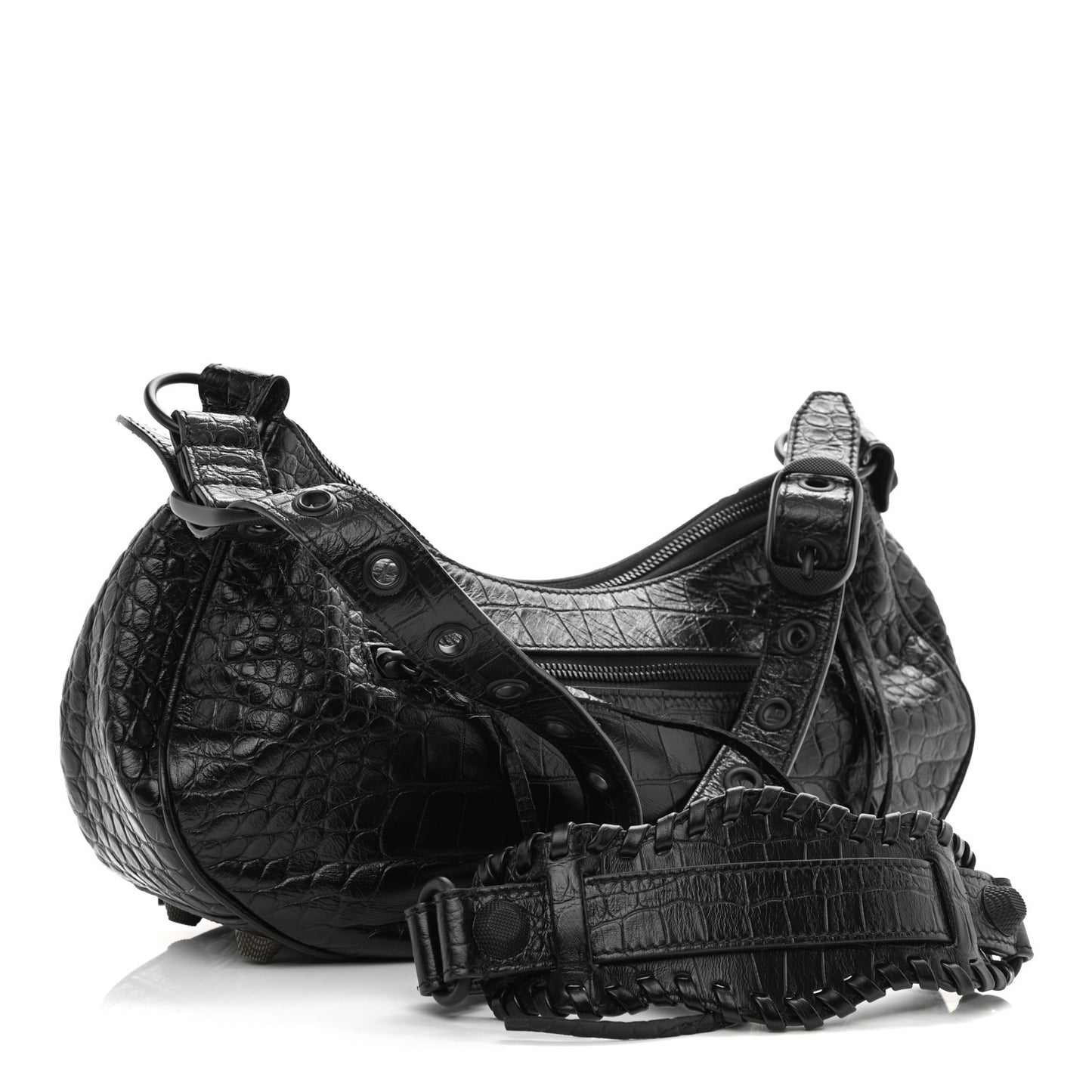 Extra Supple Calfskin Crocodile Embossed Monochrome Small Le Cagole Shoulder Bag Black