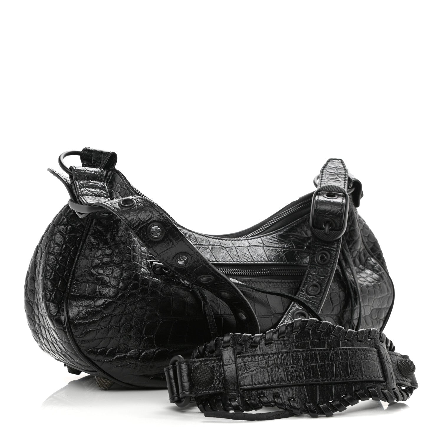 Balenciaga Extra Supple Calfskin Crocodile Embossed Monochrome Small Le Cagole Shoulder Bag Black 4 of 9