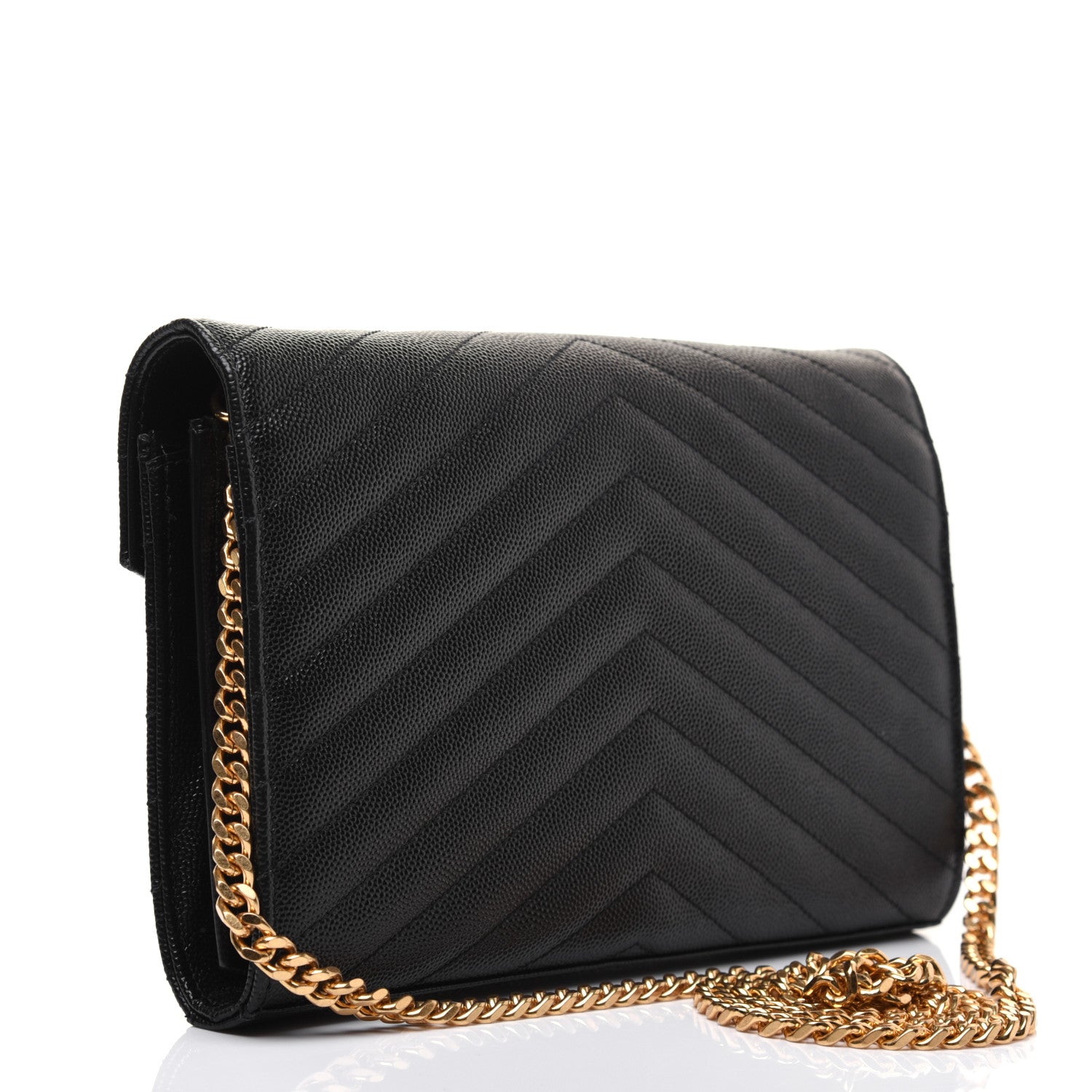 Saint Laurent Grain De Poudre Matelasse Chevron Monogram Chain Wallet Black 3 of 17