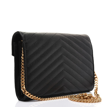 Saint Laurent Grain De Poudre Matelasse Chevron Monogram Chain Wallet Black 3 of 17