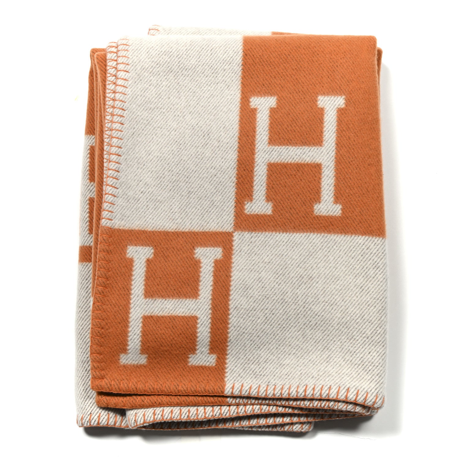 Hermes Wool Cashmere Signature Classic Avalon Blanket Ecru Potiron 1 of 3