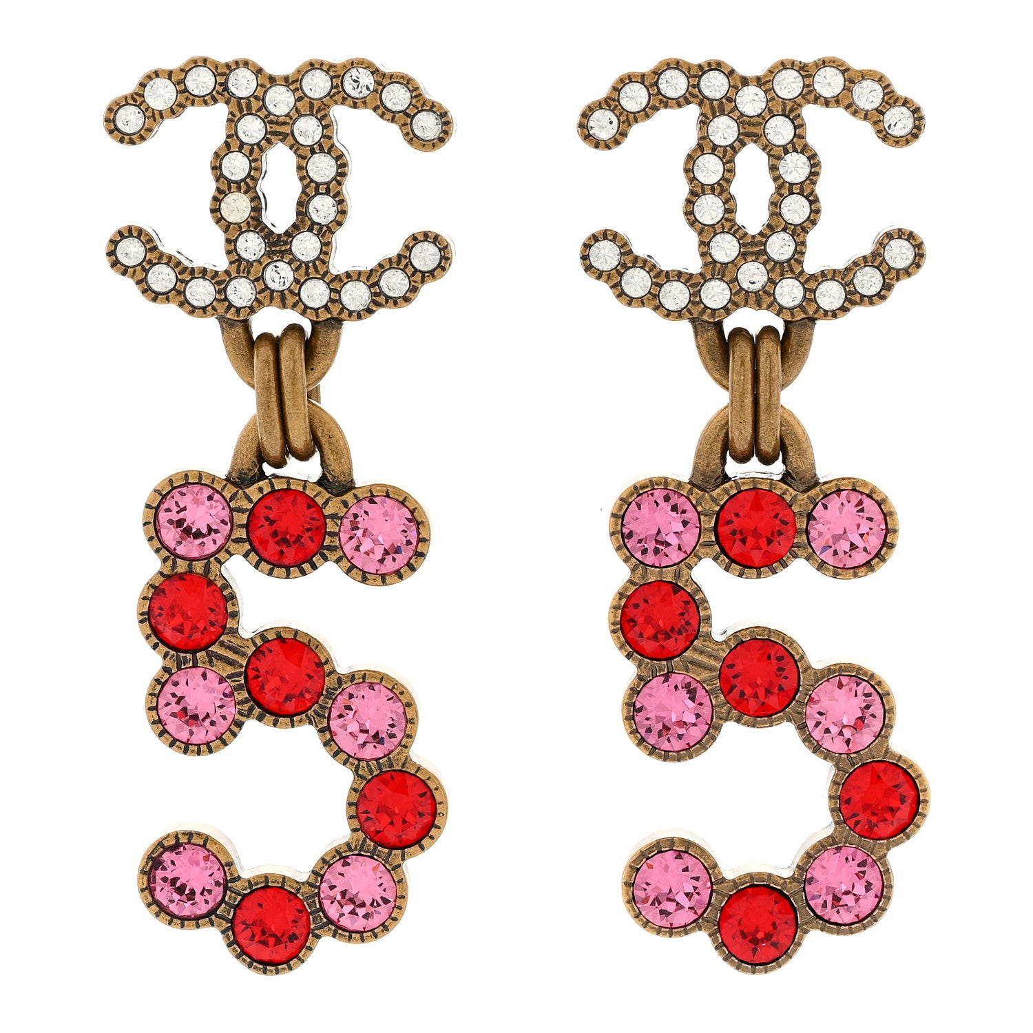 Chanel Pearl Crystal CC No 5 Drop Earrings Gold Pink Red 1 of 4