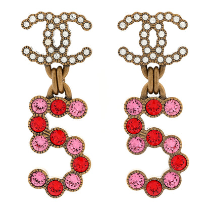 Chanel Pearl Crystal CC No 5 Drop Earrings Gold Pink Red 1 of 4