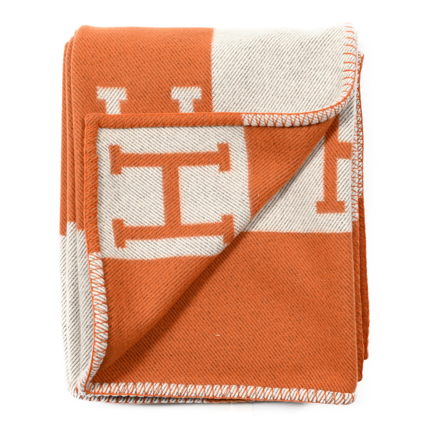 Hermes Wool Cashmere Signature Classic Avalon Blanket Ecru Potiron 2 of 3