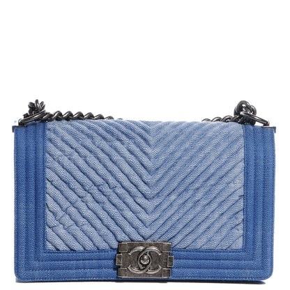 Chanel Denim Chevron Medium Boy Flap Blue 1 of 8