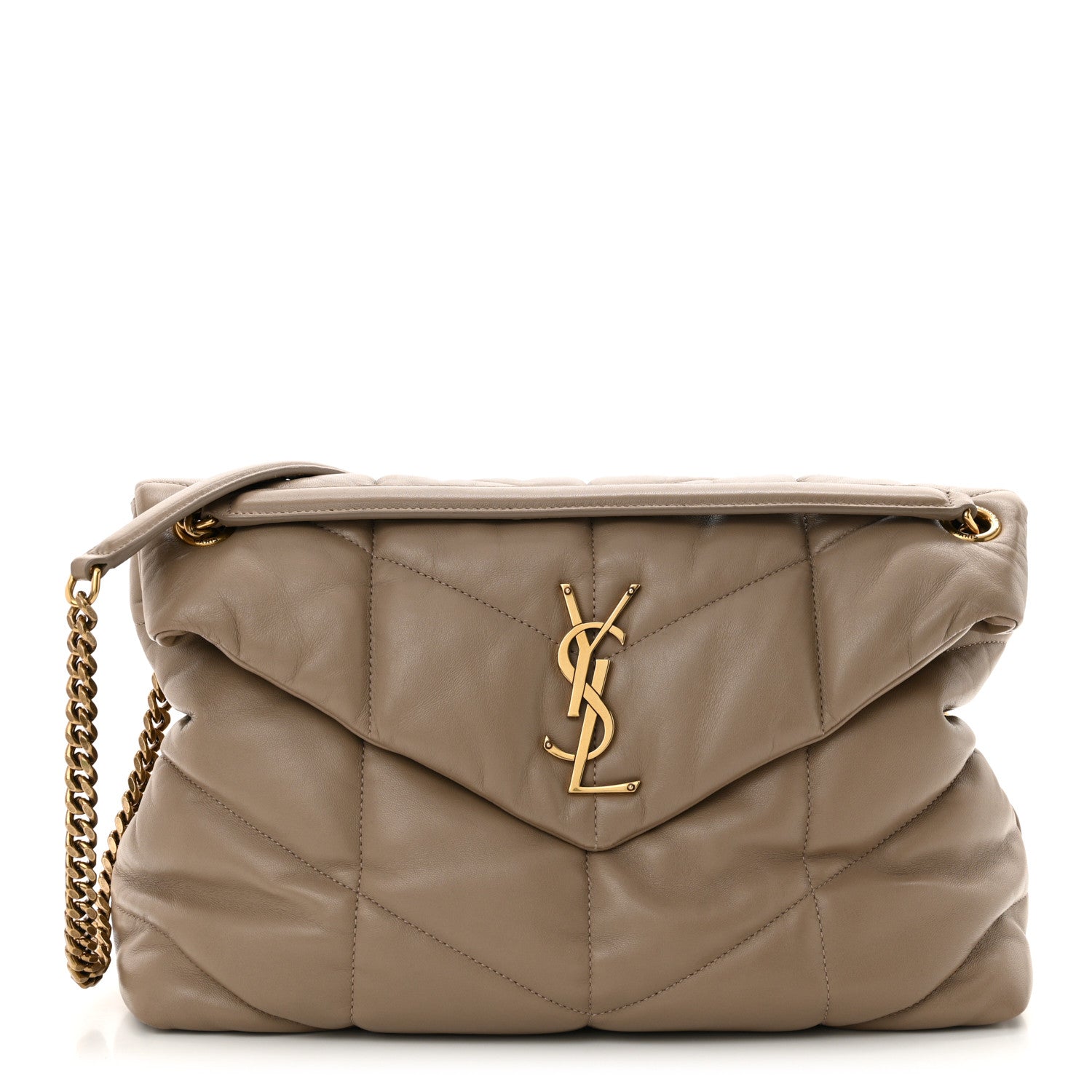 Saint Laurent Lambskin Quilted Medium Loulou Puffer Monogram Chain Satchel Dark Beige 1 of 12