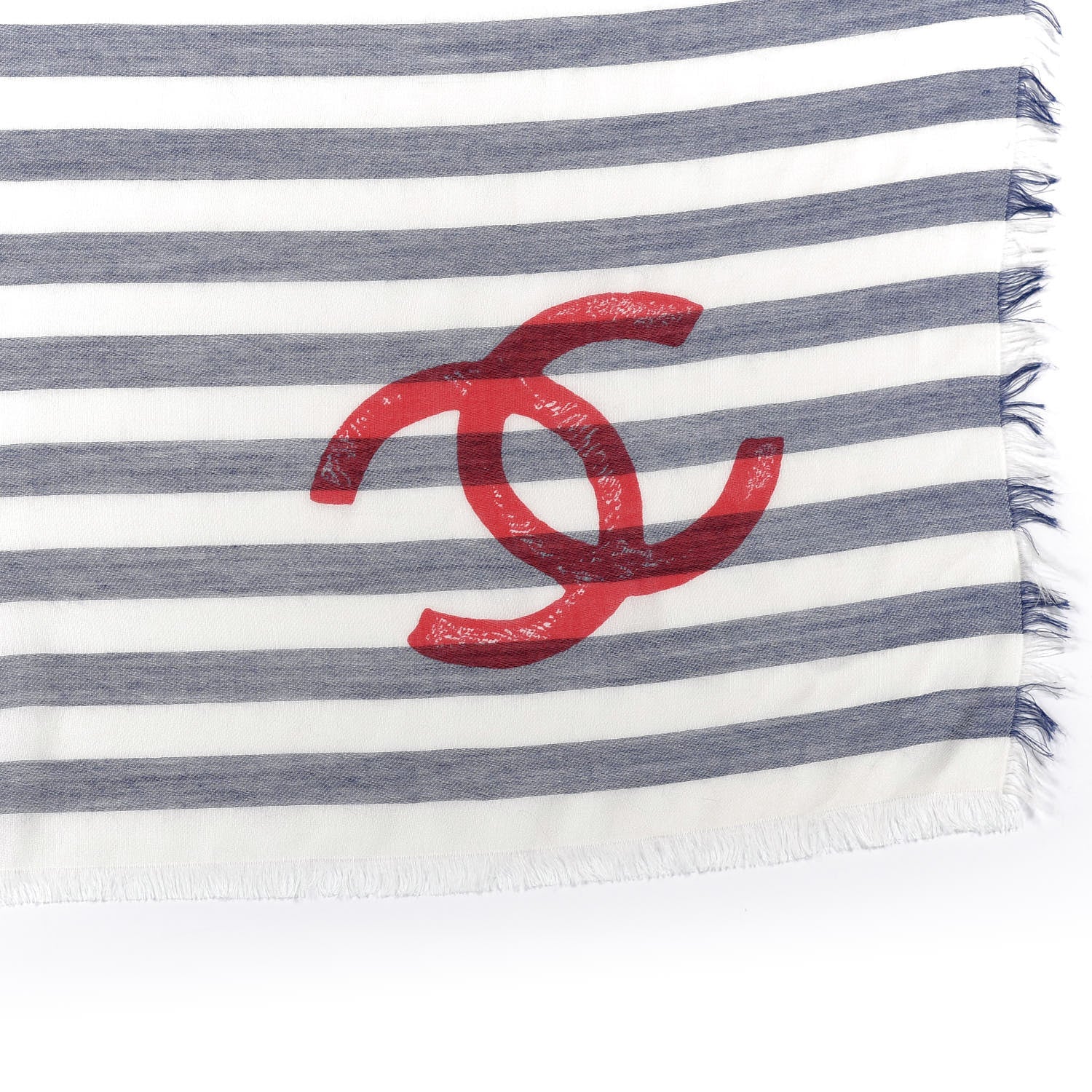 Chanel Cashmere Silk Cotton CC Stripe Fringe Scarf White Blue Red 3 of 3