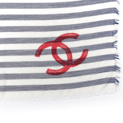 Chanel Cashmere Silk Cotton CC Stripe Fringe Scarf White Blue Red 3 of 3