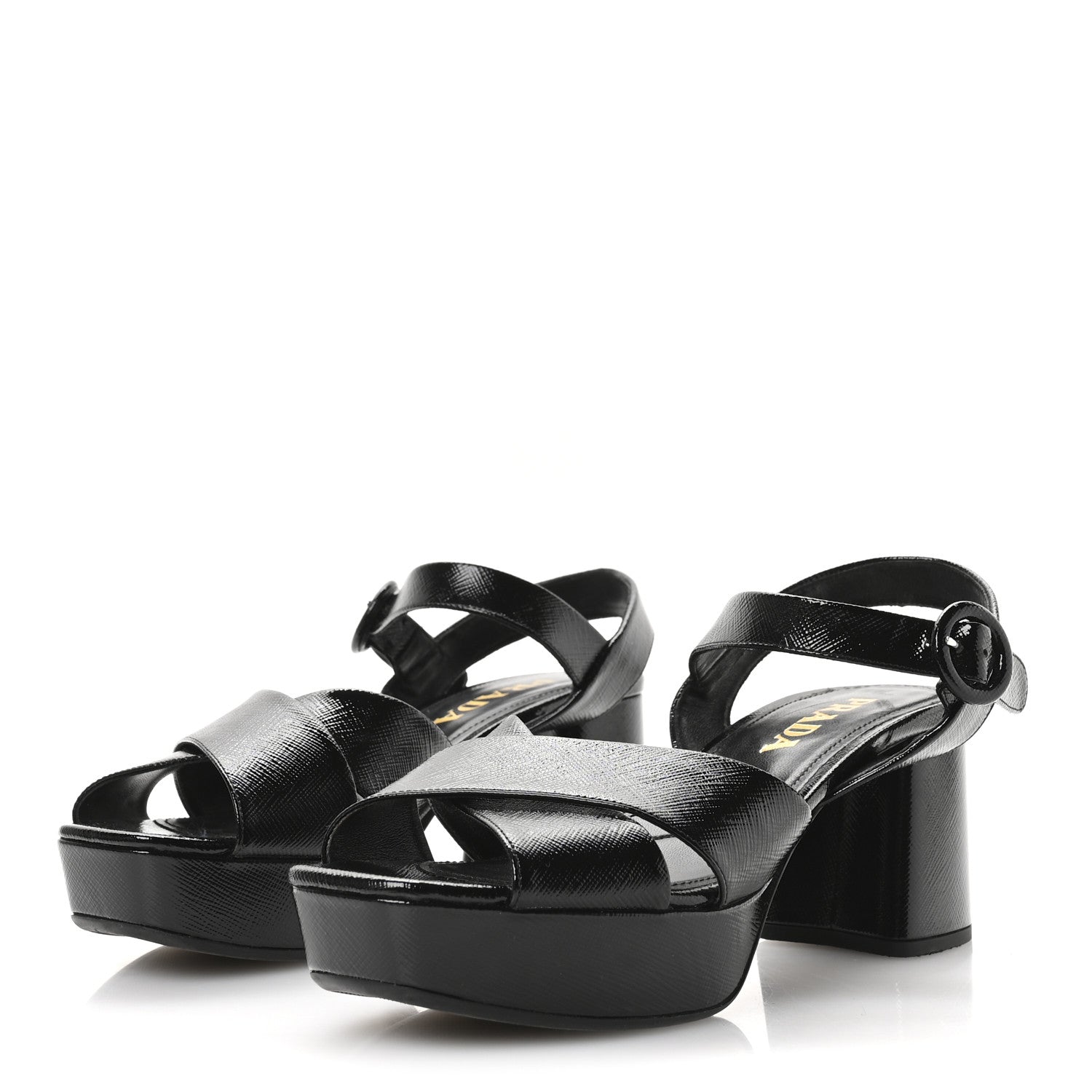 Prada Vernice Saffiano Embossed Crisscross Platform 20/65mm Sandals 37.5 Black 4 of 7
