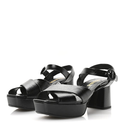 Prada Vernice Saffiano Embossed Crisscross Platform 20/65mm Sandals 37.5 Black 4 of 7
