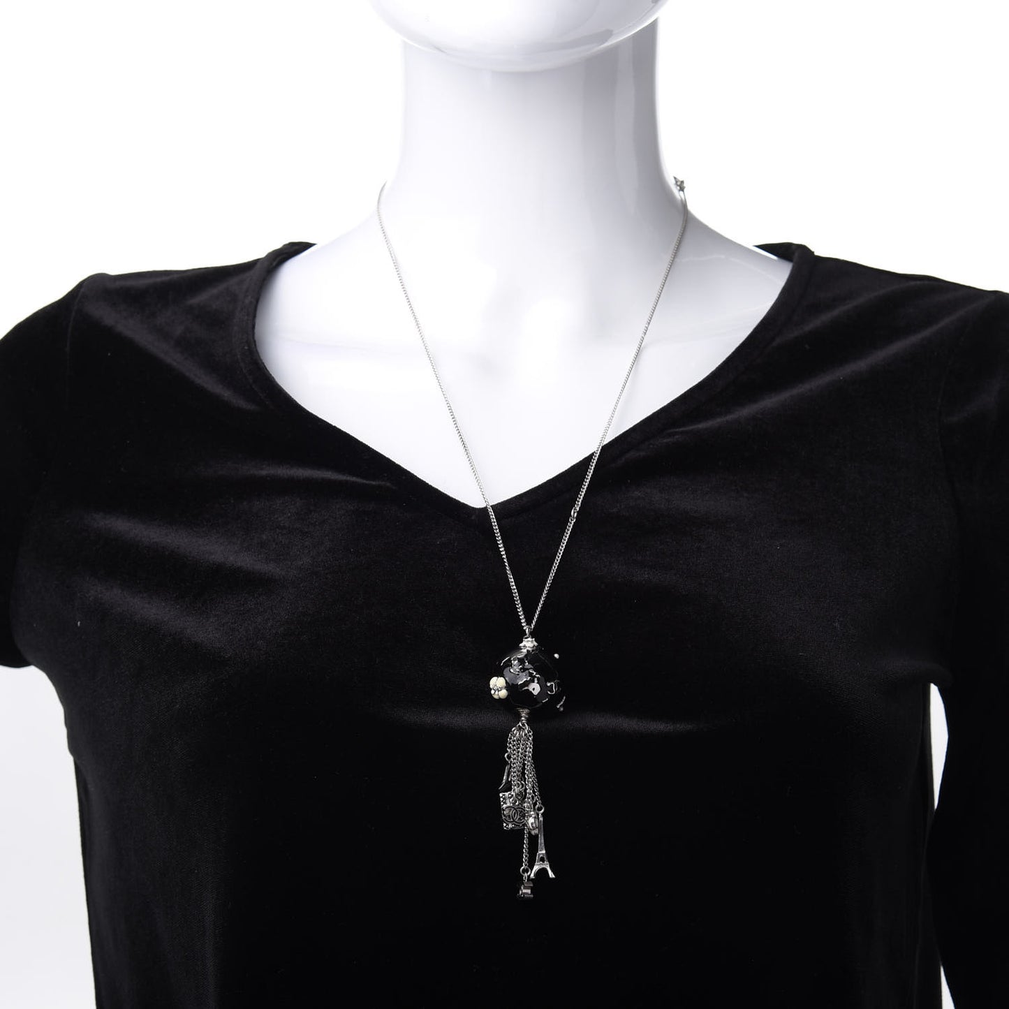Camellia CC Globe Drop Pendant Necklace Black Silver