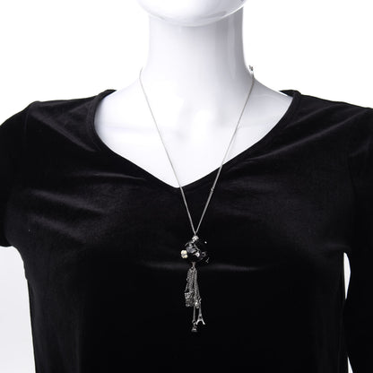 Chanel Camellia CC Globe Drop Pendant Necklace Black Silver 2 of 7