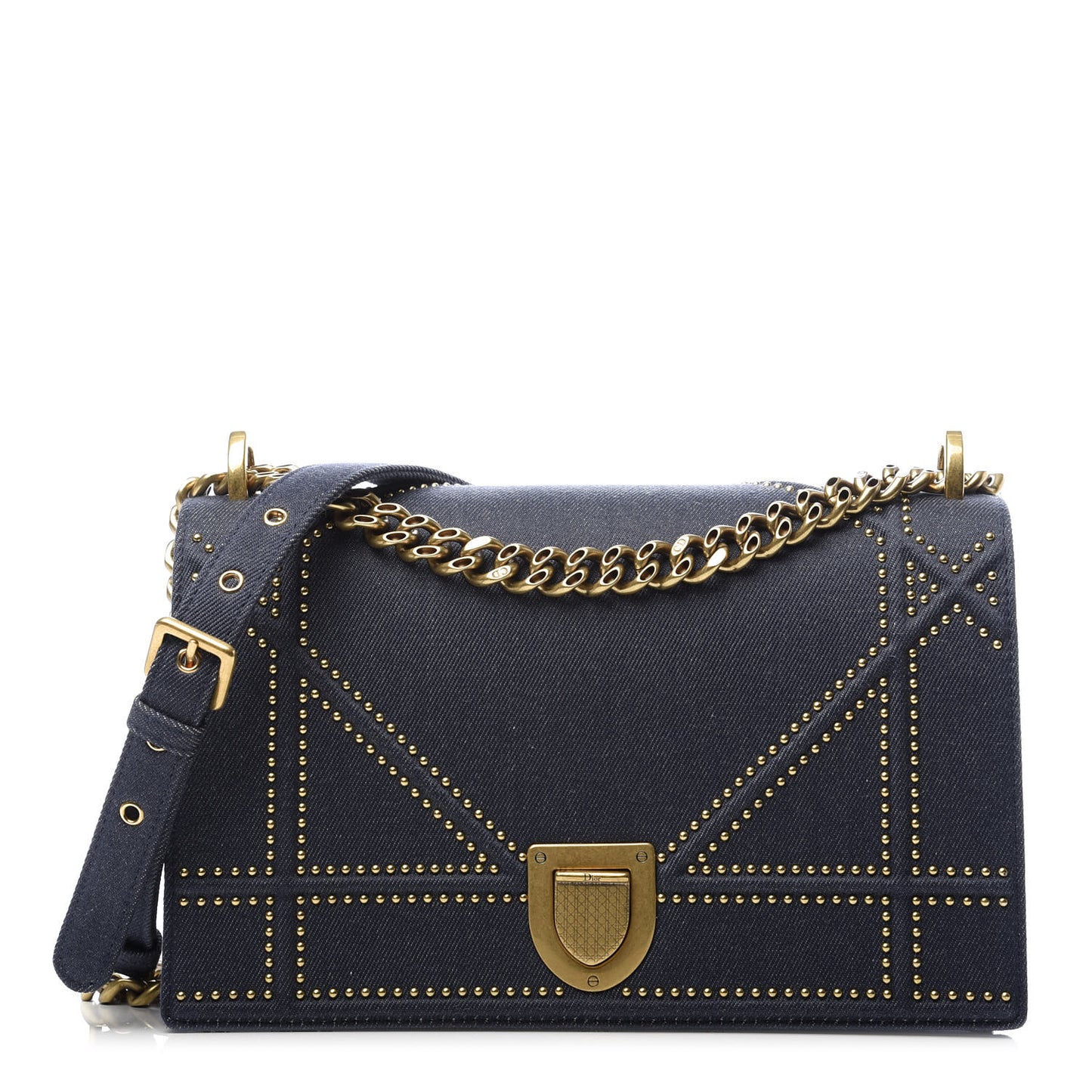 Denim Studded Medium Diorama Flap Bag Blue