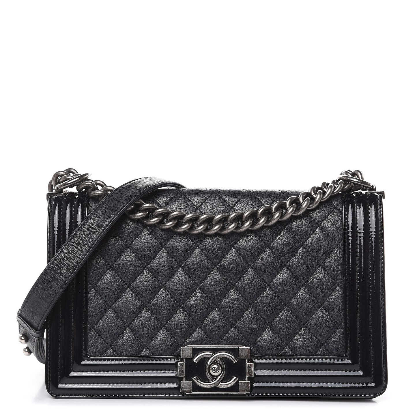 Goatskin Quilted Patent Medium Duo Boy Flap Black