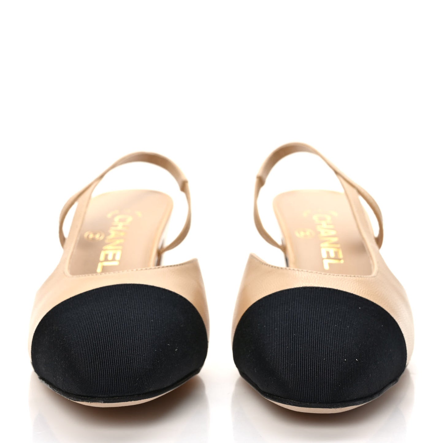 Goatskin Grosgrain Cap Toe CC Slingback Pumps 37 Beige Black