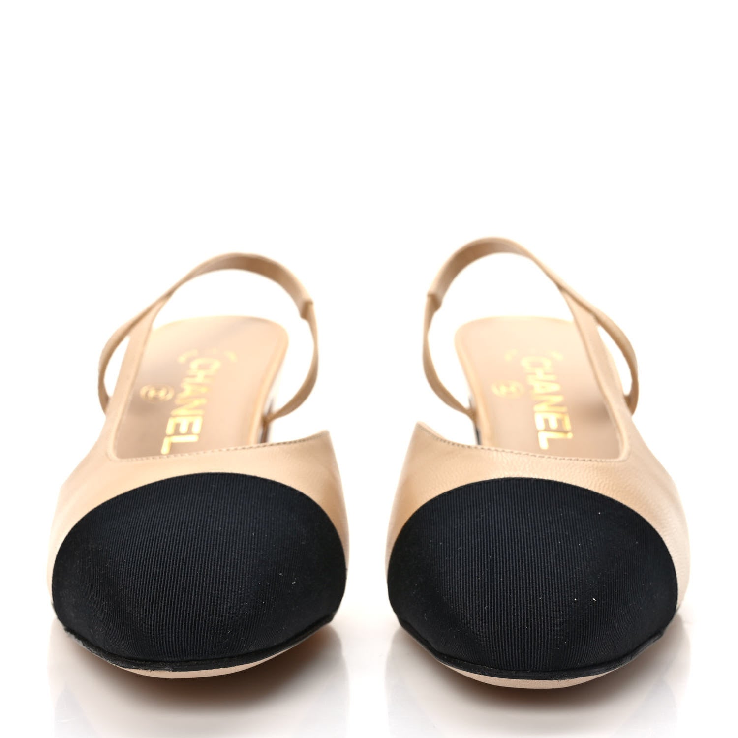 Chanel Goatskin Grosgrain Cap Toe CC Slingback Pumps 37 Beige Black 2 of 8