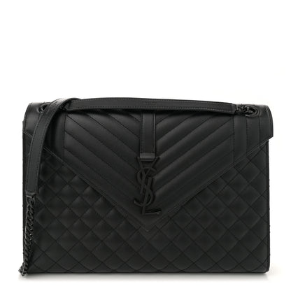 Saint Laurent Grain De Poudre Textured Mixed Matelasse Large Triquilt Monogram Monochrome Satchel Black 1 of 14