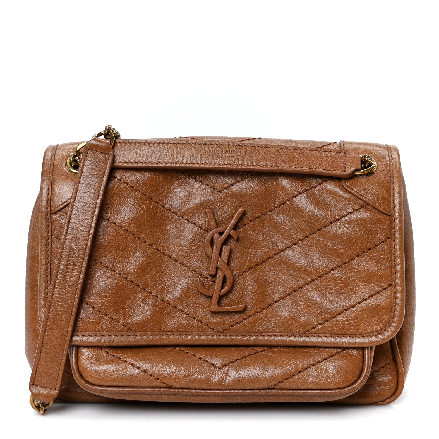 Saint Laurent Crinkled Calfskin Matelasse Monogram Baby Niki Chain Satchel Light Caramel 1 of 10