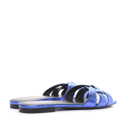 Saint Laurent Metallic Crackled Calfskin Nu Pied 05 Slide Sandals 37 Blue 4 of 10