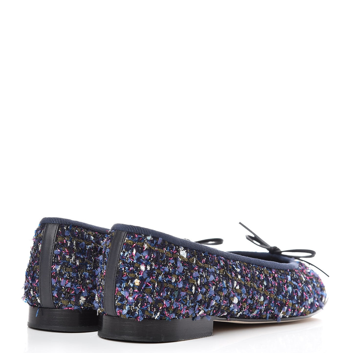 Tweed Patent Calfskin Cap Toe Ballerina Flats 37.5 Blue Pink Black