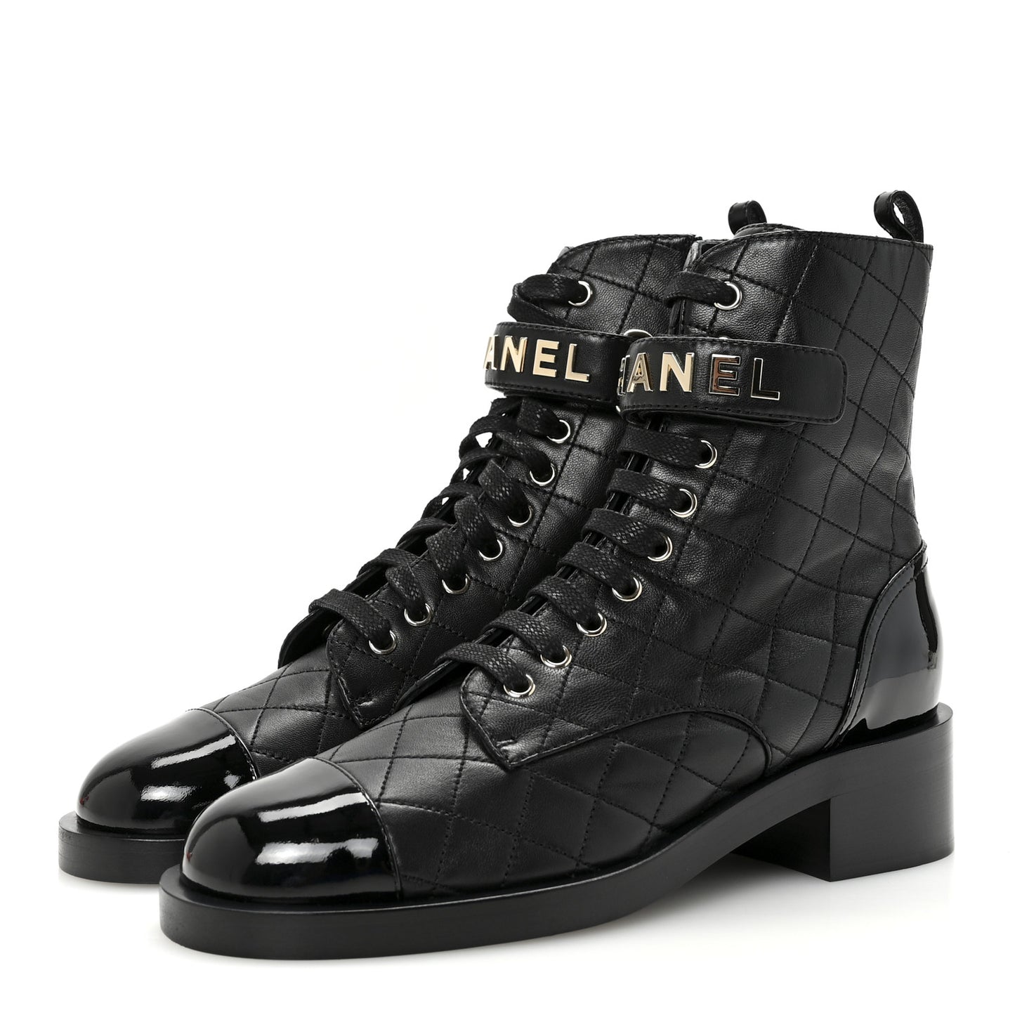 Lambskin Patent Calfskin Quilted Logo Lace Up Combat Boots 40.5 Black