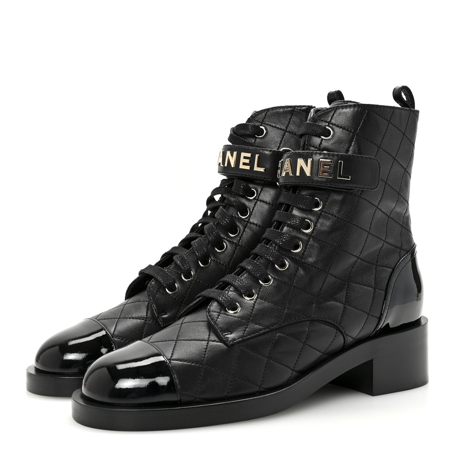 Chanel Lambskin Patent Calfskin Quilted Logo Lace Up Combat Boots 40.5 Black 4 of 10