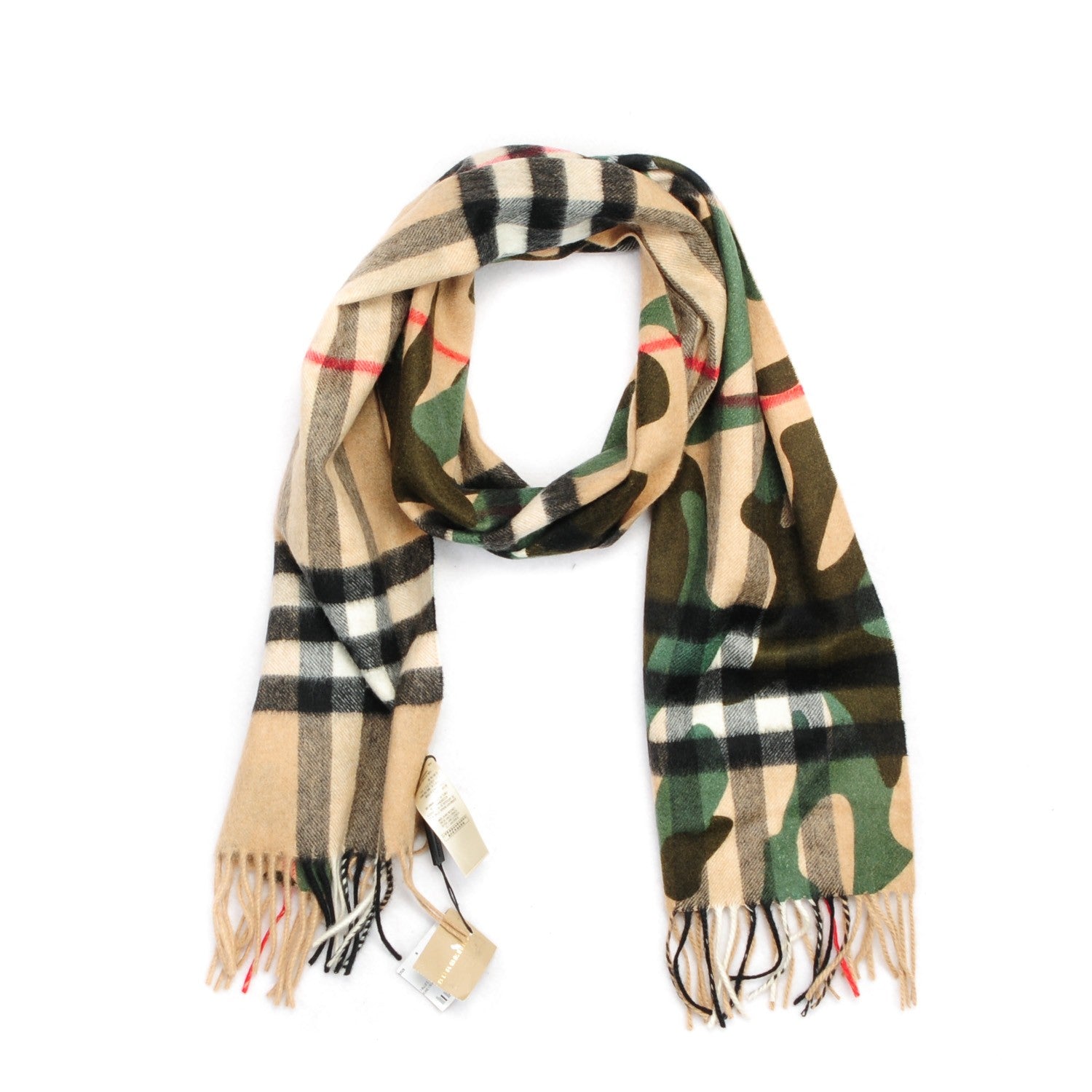 Burberry Cashmere Camoflauge Print Giant Check Fringe Scarf Pine Green 1 of 5