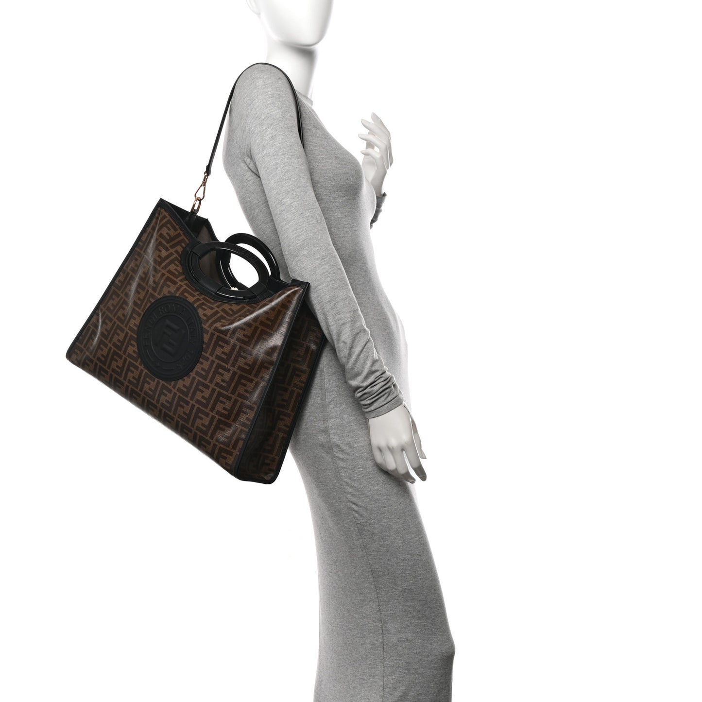 Glazed Fabric Vitello Century Plexiglass FF 1974 Stamp Patch Medium Runaway Shopper Tote Mogano Panna Black