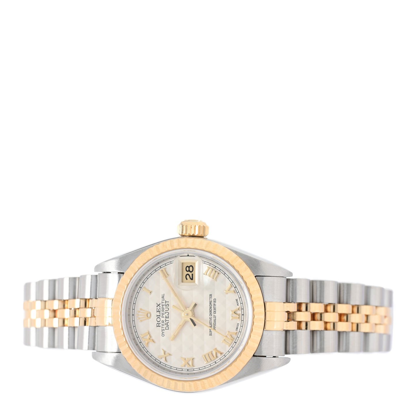 Stainless Steel 18K Yellow Gold 26mm Oyster Perpetual Datejust Watch White Pyramid Roman 79173
