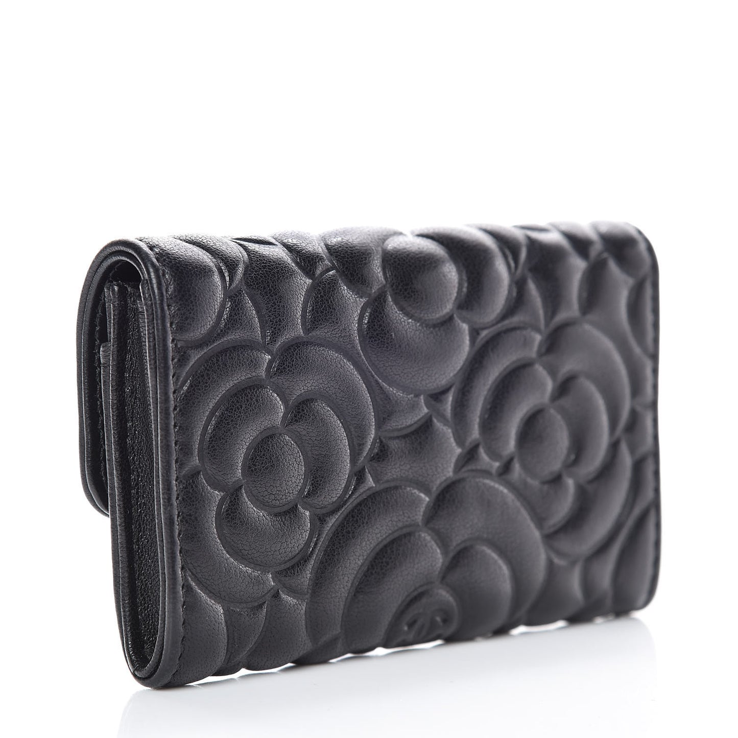 Goatskin Camellia Embossed Flap Card Holder Black