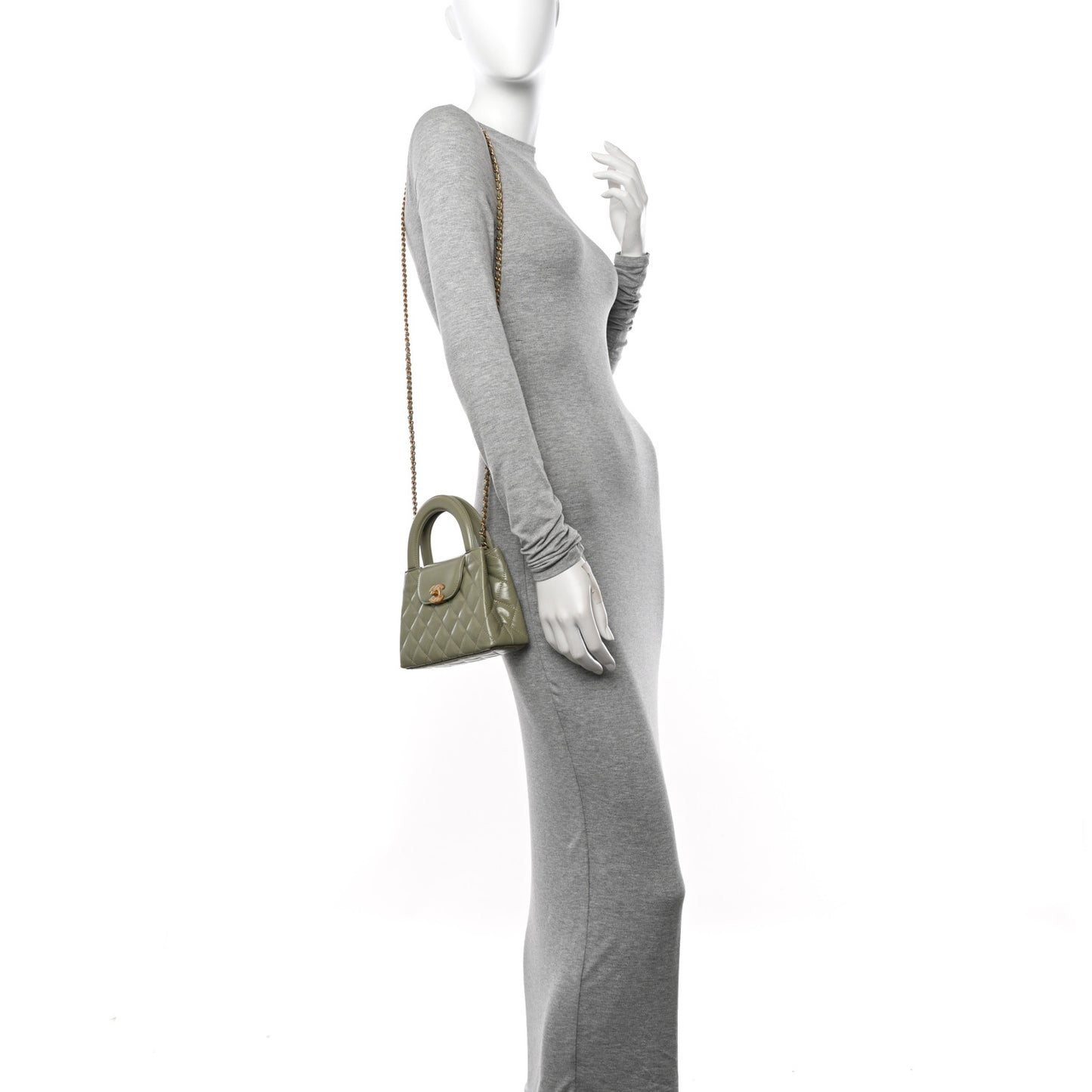 Shiny Aged Calfskin Quilted Nano Kelly Shopper Khaki