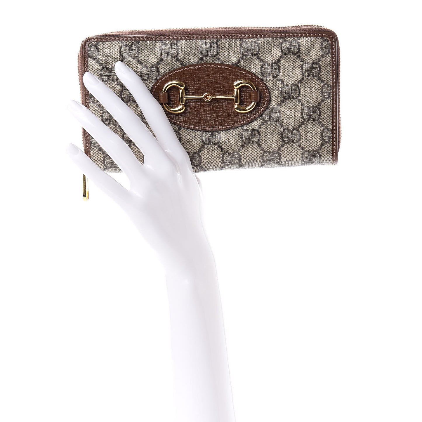 GG Supreme Monogram Azalea Calfskin Horsebit 1955 Zip Around Wallet Beige Ebony Brown Sugar