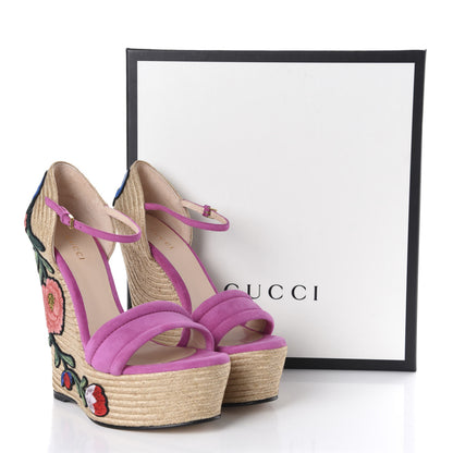 Gucci Kid Scamosciato Ophelia Espadrille Platform Wedge Sandals 37 Rododendro 10 of 10