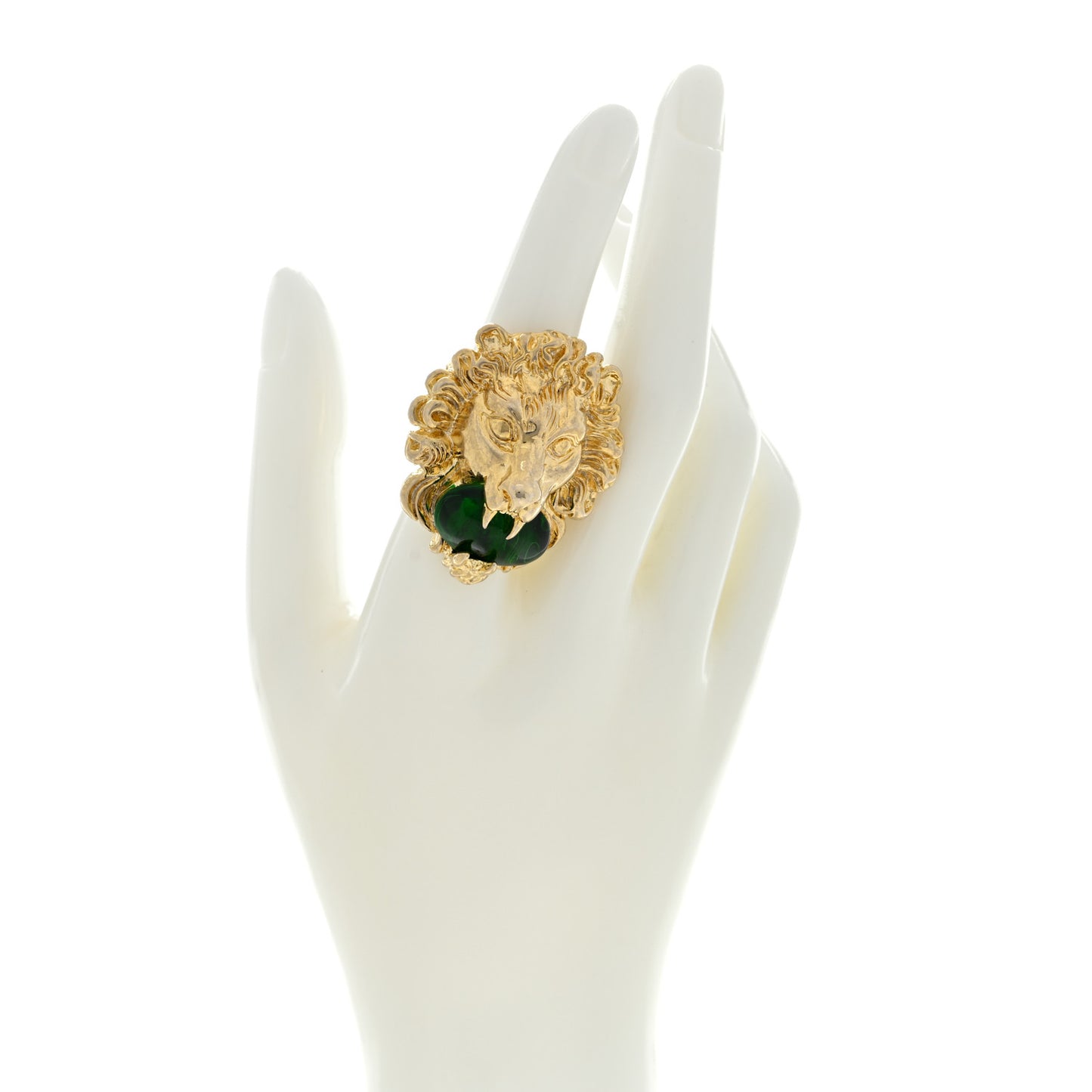 Metal Crystal Lion Head Ring 54 6.75 Green Aged Gold