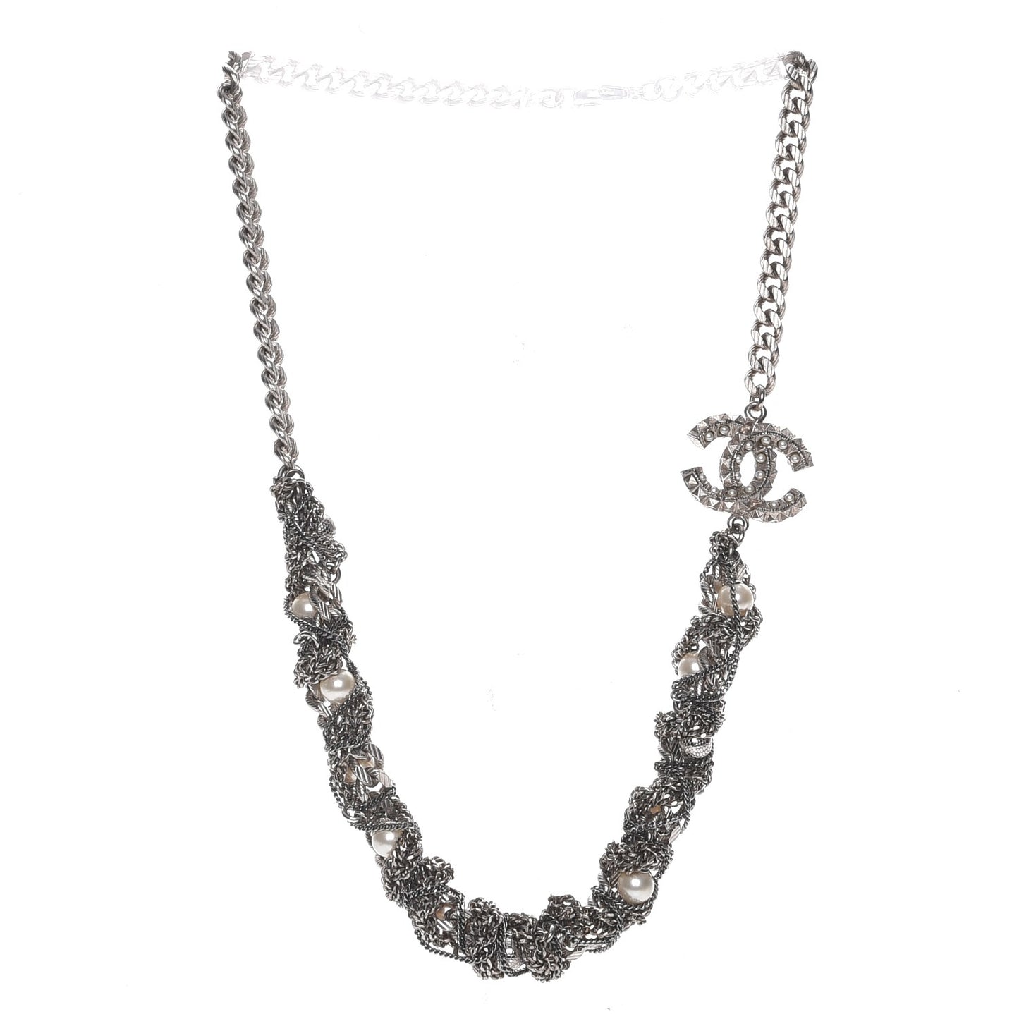 Pearl Chain CC Short Necklace Silver
