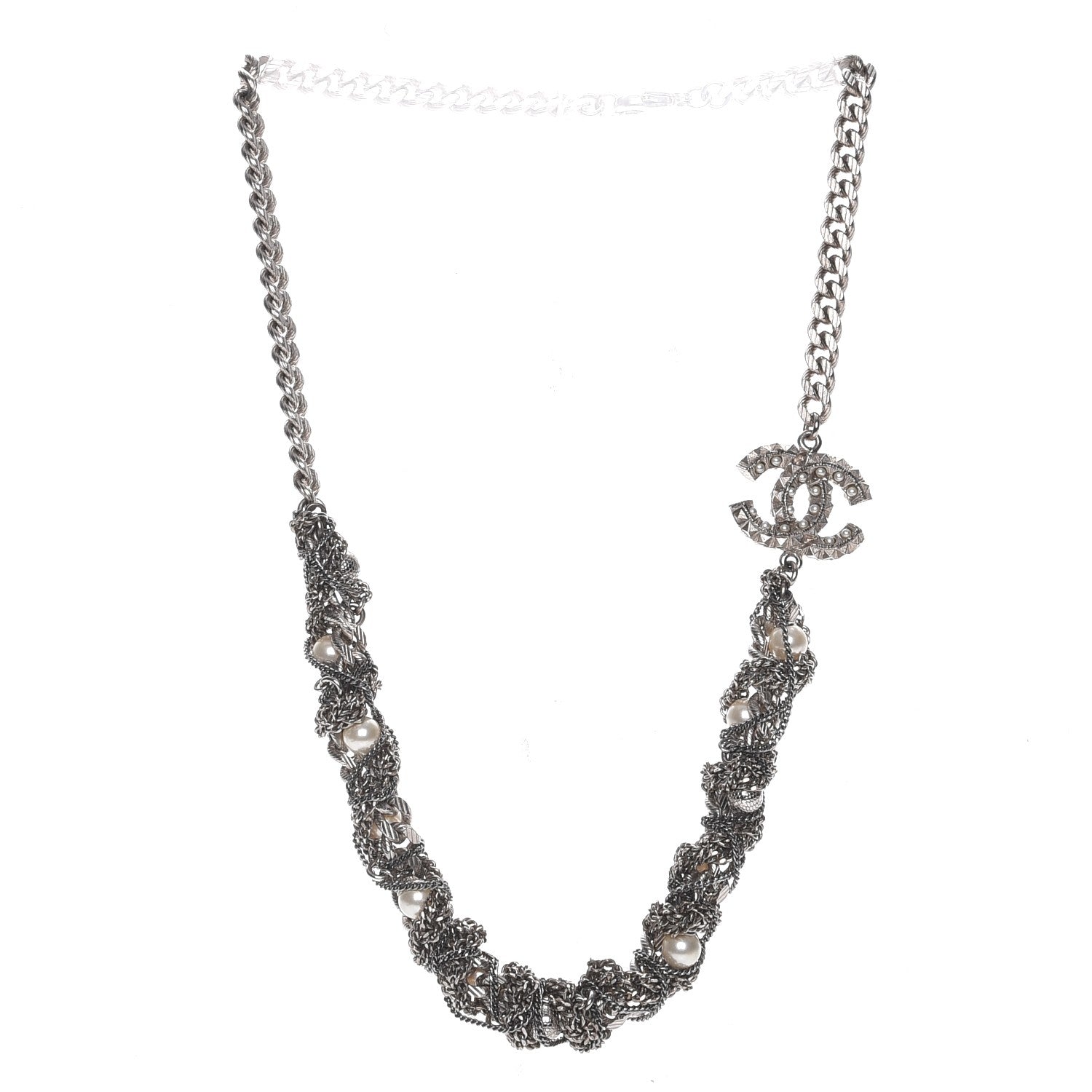 Chanel Pearl Chain CC Short Necklace Silver 3 of 7