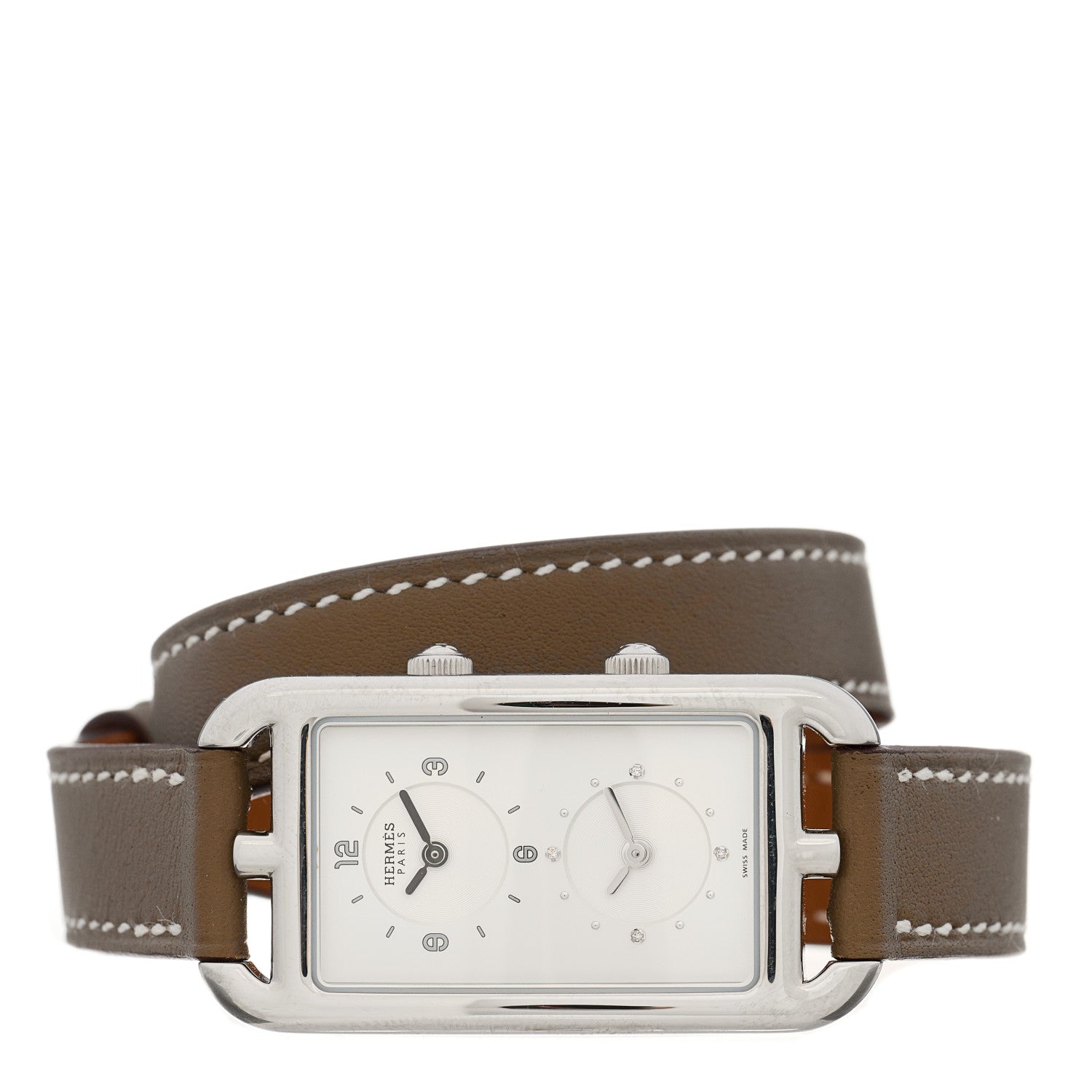 Hermes Stainless Steel Swift 20mm Cape Cod Double Tour Deux Zones Quartz Watch Etoupe 2 of 5