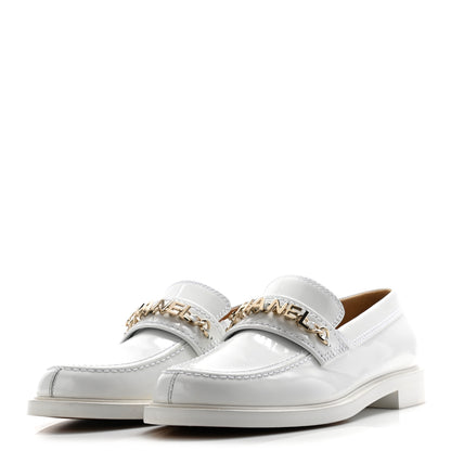 Chanel Shiny Calfskin Logo Loafers 38.5 White 3 of 8