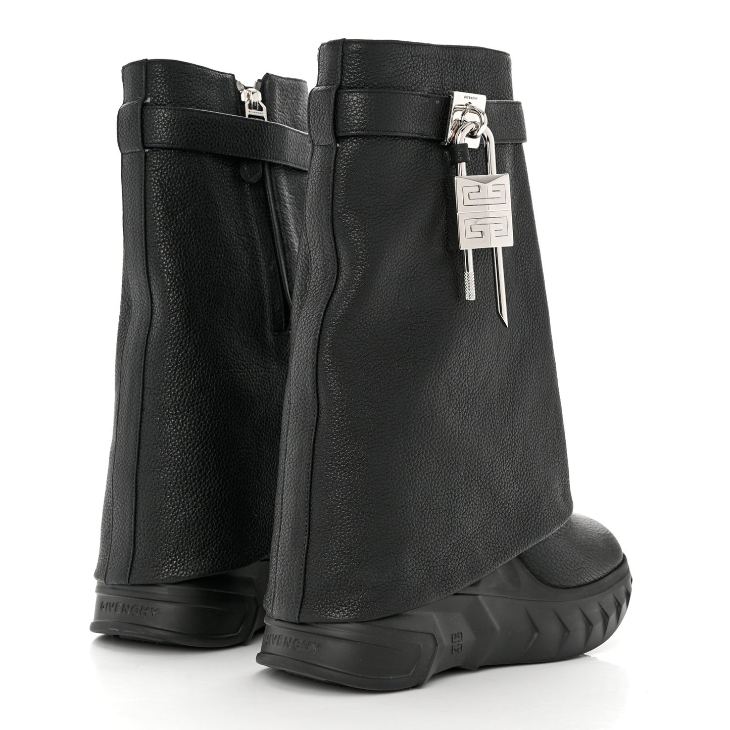 Grained Calfskin Shark Lock Biker Ankle Boots 41 Black