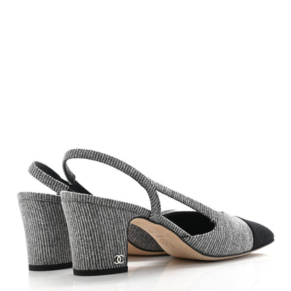 Chanel Tweed Cap Toe CC Slingback Pumps 39 Black Grey 4 of 9